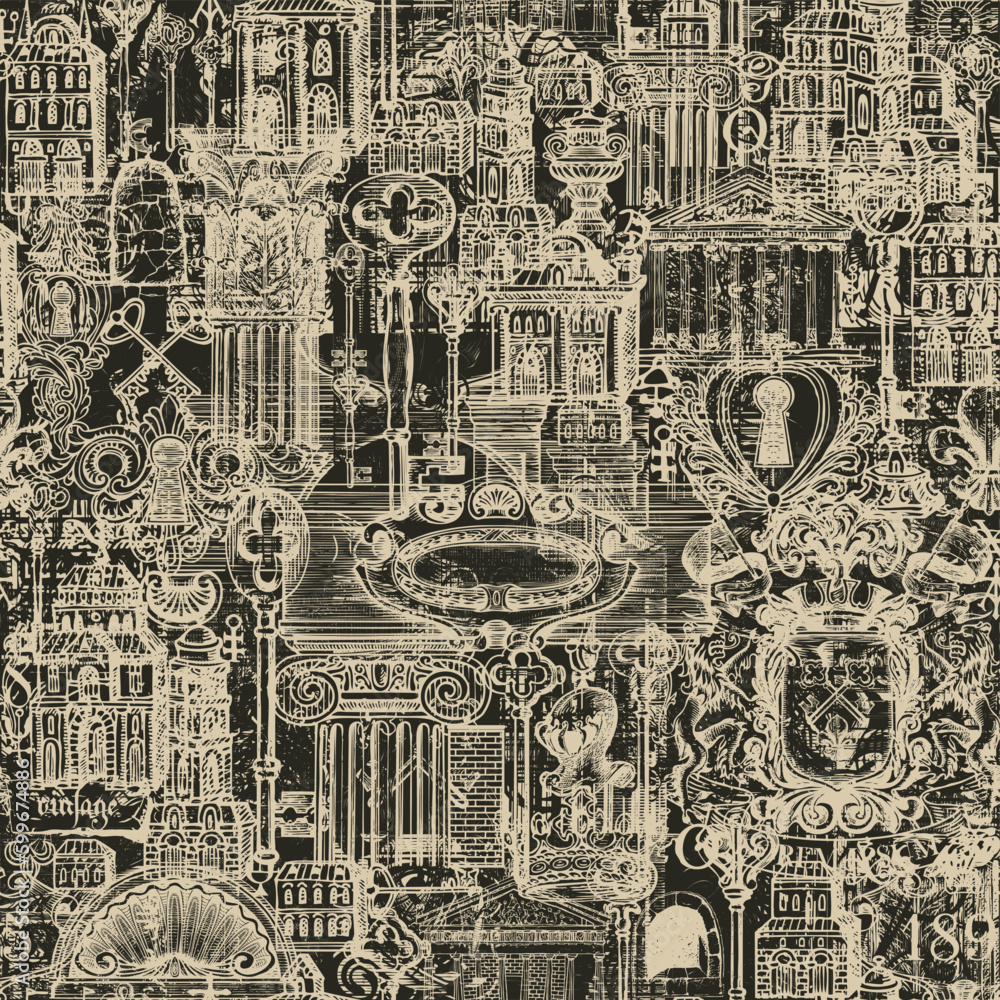 Poster abstract seamless pattern on ancient architecture and art. hand-drawn vector background with vintage