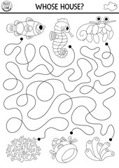 Fototapeta premium Under the sea black and white maze for kids with clown fish, seahorse, hermit crab and their houses. Ocean line preschool printable activity with corals, shell. Water labyrinth game, coloring page.