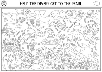 Under the sea black and white maze with marine landscape, wrecked ship, fish. Ocean line preschool activity with dolphin, whale. Water labyrinth game, coloring page. Help divers get to pearl.