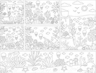 Vector black and white under the sea landscapes set. Ocean life line scenes collection with seaweeds, stones, corals. Cute horizontal, square, vertical water nature backgrounds, coloring page.