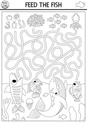 Under the sea black and white maze for kids with turtle, whale, shark, bass, parrotfish. Ocean line preschool activity with fishes, food. Water labyrinth game, coloring page. Feed the fish.