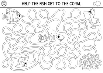 Under the sea black and white maze for kids with shark, pelican, coral, rayfish. Ocean line preschool printable activity. Water labyrinth gam, coloring page. Help the butterfly fish get to the coral.