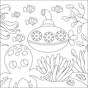 Vector black and white under the sea landscape illustration with octopus and submarine. Ocean life line scene with sand, seaweeds, corals, reefs. Cute square water nature background, coloring page.