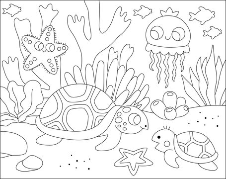 Vector black and white under the sea landscape illustration with tortoise and baby. Ocean life line scene with sand, seaweeds, corals, reefs. Cute horizontal water nature background, coloring page.