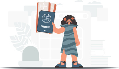 ﻿The flooding woman holds a visa and see at tickets in his hands. The concept of rest and travel. Trendy style, Vector Illustration