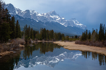 lake in the mountains in the Canadian Rocky Mountains in Alberta Canada, near Canmore and Banff 