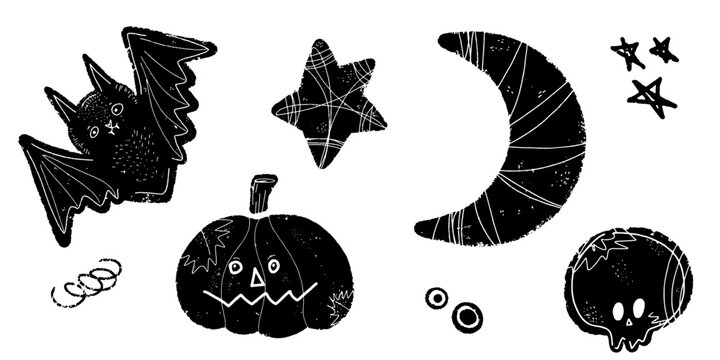 Halloween set of black elements. Pumpkin, skull, moon, star, bat. Hand drawn in linocut style. Elements for design