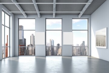 corporate branding white empty frame with modern business offices background or white industrial hall - Generative AI