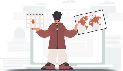 The individual holds a calendar and a organize of the world in his hands. The concept of rest and travel. Trendy style, Vector Illustration