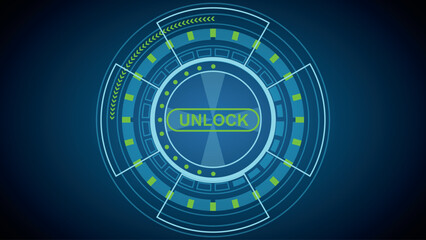 The future visual interface of a virtual lock from a database or files. Access and data protection lock and key. Access granted.