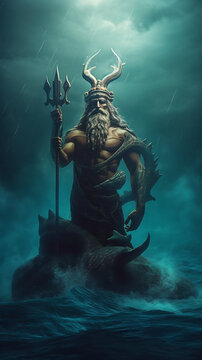 The concept of the symbolism of the planets in Astrology. Old man with a staff in the sea waves as the king of the underwater kingdom, a symbol of the planet Neptune