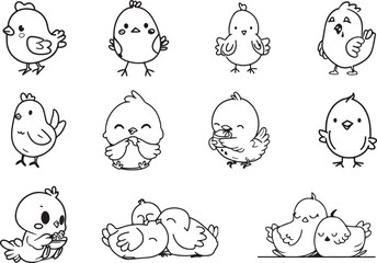 Set of Cute Chicken and hens line art vector 