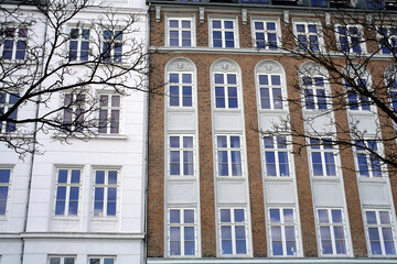 Front view of a large brick appartment building - Copenhagen - Denmark