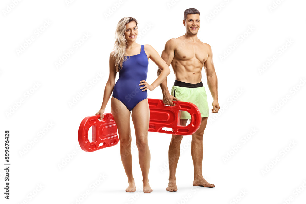 Poster Attractive man and woman in swimwear holding swimming floats