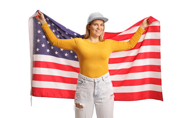 Happy gen z female holding a USA flag