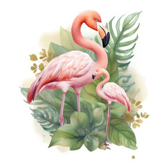 Mom and Baby Flamingo Watercolor PNG art, Generative AI