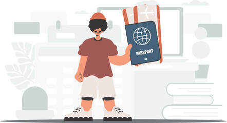 ﻿The individual holds a around the world id and trade around tickets in his hands. The concept of rest and travel. Trendy style, Vector Illustration