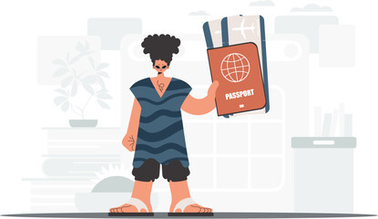 ﻿The person holds a around the world id and exchange around tickets in his hands. The concept of rest and travel. Trendy style, Vector Illustration