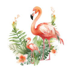 Mom and Baby Flamingo Watercolor PNG art, Generative AI