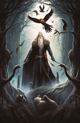 Norse God Odin in forest with birds - Generative AI