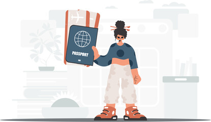 The flooding woman holds a visa and see at tickets in his hands. The concept of rest and travel. Trendy style, Vector Illustration
