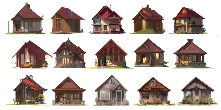 set of watercolor hand drawn paintings with asset illustrations of house. High resolution transparent PNG. generative AI.