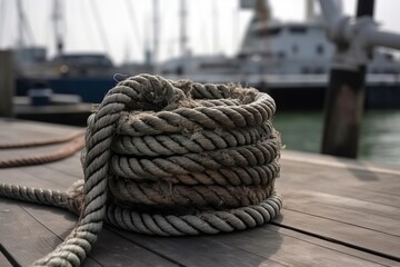 illustration, knot tied with metallic marine rope in nautical port, ai generative - obrazy, fototapety, plakaty