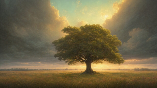 single tree during sunset, painting, Generative AI illustrations