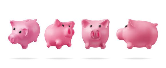 3D Piggy Bank Set Isolated. Render Plastic Piggy Bank Collection for Money. Moneybox in Form of Pig. Concept of Cash Money, Business Deposit Investment, Financial Savings. Vector Illustration