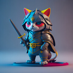 An isometric view of a cute surreal cat MINI, dressed as a samurai