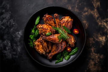 photography Grilled spicy chicken wings in a black, Generative Ai