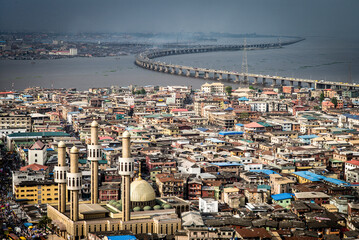 High angle view of buildings in the city of Lagos Island, Nigeria - obrazy, fototapety, plakaty