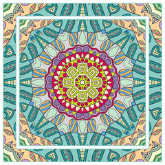  Hand drawn artistic background. Seamless pattern with ornate frame border, doodle floral ornament. Bandana shawl, tablecloth fabric print, silk neck scarf, kerchief design. Vector illustration