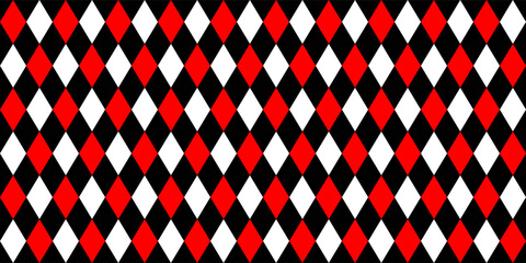 Harlequin seamless pattern in red, black and white colors. Argyle classic fabric design. Diamond or lozenge simple background. Joker geometric vector wallpaper. Venetian rhombus carnival ornament.
