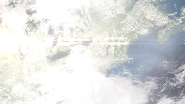 Earth zoom in from outer space to city. Zooming on Cortland, New York, USA. The animation continues by zoom out through clouds and atmosphere into space. Images from NASA