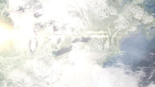 Earth zoom in from outer space to city. Zooming on Lockport, New York, USA. The animation continues by zoom out through clouds and atmosphere into space. Images from NASA
