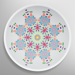 Decorative plate with round ornament in ethnic style. Mandala circular abstract geometric floral pattern. Fashion background with ornate dish. Interior home decor, vector illustration