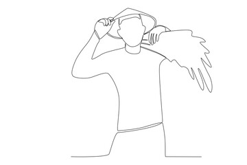 Obraz premium A man holds a rice harvest on his shoulder. Farmer one-line drawing