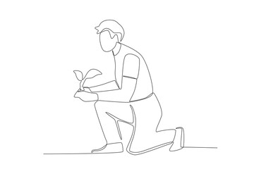 A man preparing to plant. Farmer one-line drawing