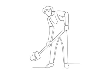 A man hoeing in the field. Farmer one-line drawing