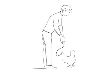 A young man feeds chickens. Farmer one-line drawing