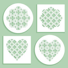 Templates for laser cutting, plotter cutting, printing. Heart and flower shape line pattern. Geometric design cut out of paper. Mandala die cut ornament. Fretwork panels, cutout silhouette stencils