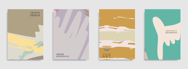 Abstract vector backgrounds set, grunge texture. Hand drawn brush strokes and geometric elements. Modern minimalistic design for poster, banner, cover, flyer, invitation. Trendy brochure templates A4