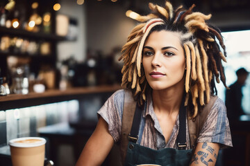 Portrait of young attractive woman with a  multicolored fancy dreads drinks coffee in a modern coffee shop. Generative AI