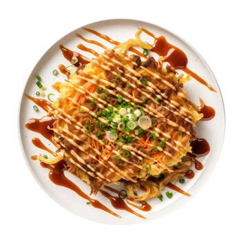 Okonomiyaki Japanese Dish On White Plate. Isolated On A Transparent Background, Png. Generative AI