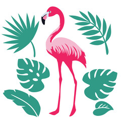 Pretty pink flamingo and tropical leaves vector cartoon illustration