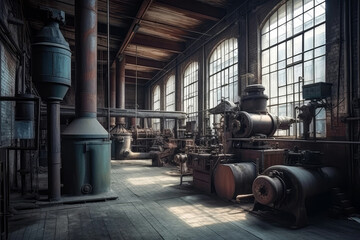 Naklejka na ściany i meble Industrial Warehouse With Vintage Machinery And Pipes. Generative AI