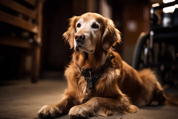 Therapy Animals Calm Therapy Dog Sitting Next To Wheelchair. Generative AI