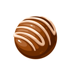 Chocolate bomb vector illustration. Cartoon isolated single cocoa ball with white glazed topping, curl chocolate or spiral sugar decoration, delicious surprise brown cake full of candy for gift