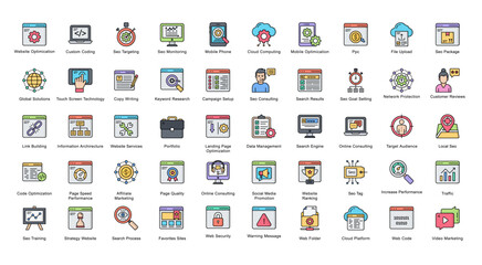 Web & SEO Color Line Iconset Website Marketing Filled Outline Icon Bundle 